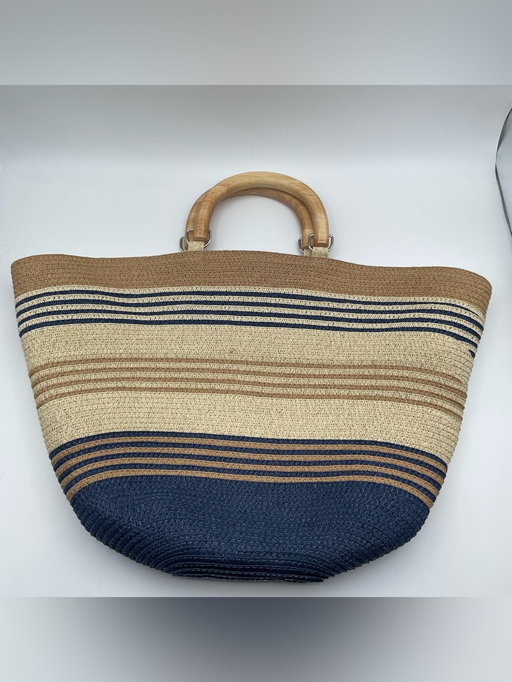 Large Striped Straw Tote Beach Bag Wood Handles Blue Tan Woven Summer Shopper